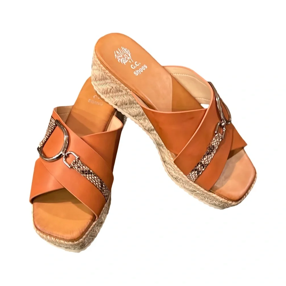 GC Shoes Women's Lindsey Strappy Platform Slide Sandals Size 8 Brown Snakeskin